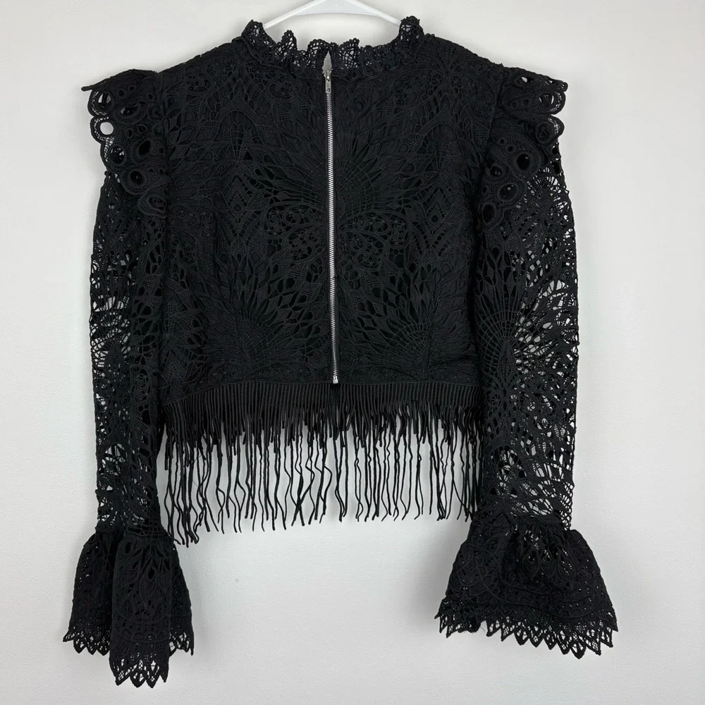 Beulah Black Crochet Fringe Long Sleeve Blouse size 6 zipper back boho festival - Picture 10 of 13